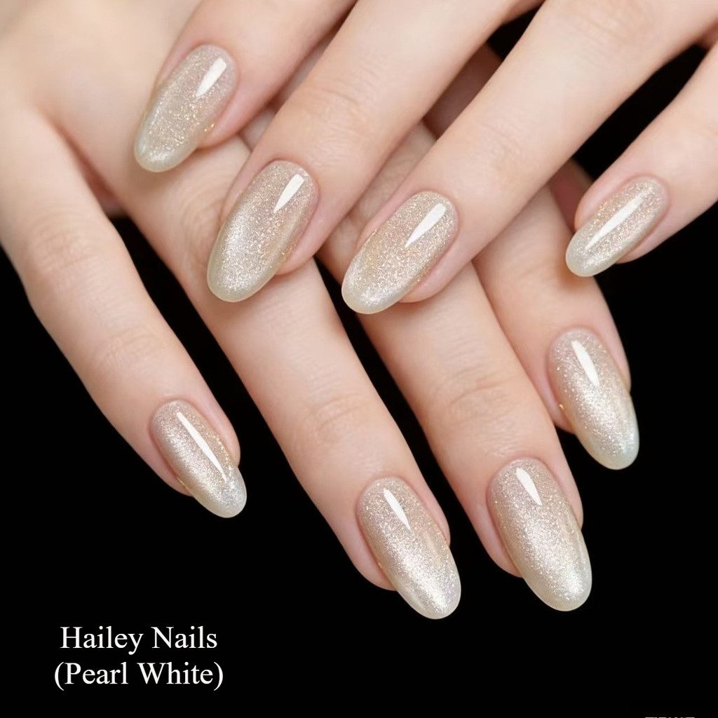 Hailey Nails - ตะปูกดโครเมียมสีขาวมุก | สุนทรียศาสตร์สไตล์มินิมอลและเรียบหรู | เล็บปลอมติดทนนานพร้อมกาวรูปไข่สั้น