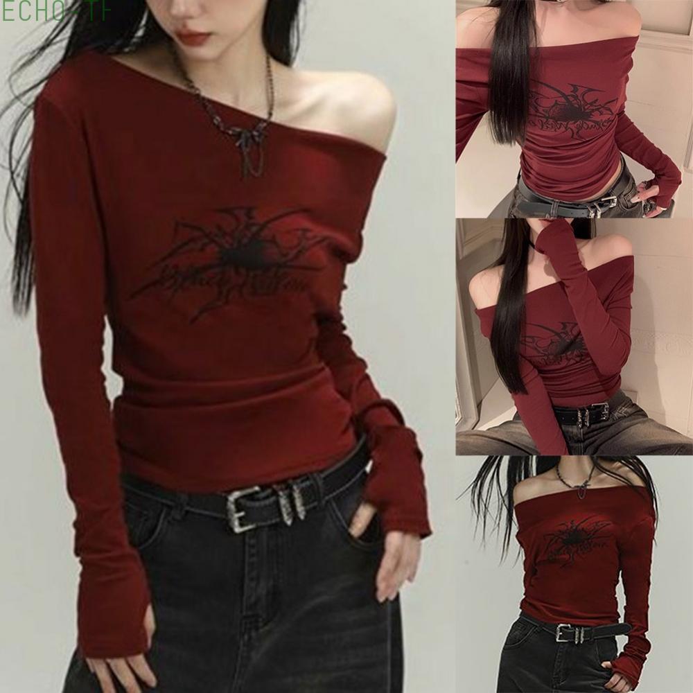 【ECHO】Gothic Spider Print T-Shirt Slight Stretch Vacation Outfit Grunge Crop Top【Echo-baby】