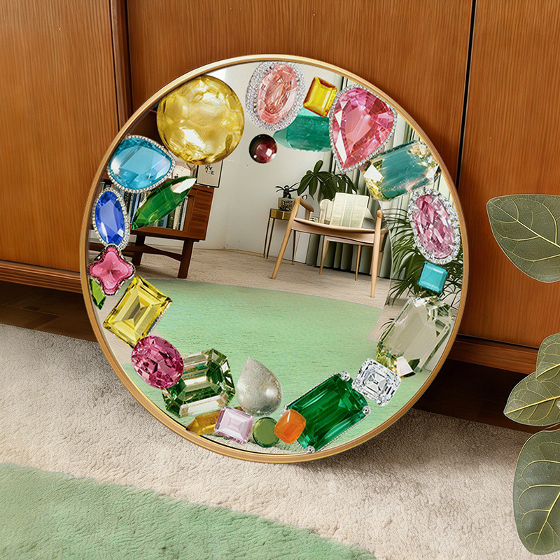 2026 สไตล์ใหม่ < ไช่เปา} รอบกระจกขนาดใหญ่อัญมณีตกแต่งห้องนั่งเล่นแฟชั่นสาว OOTD กระจกเซลฟี่ภาพวาด CN