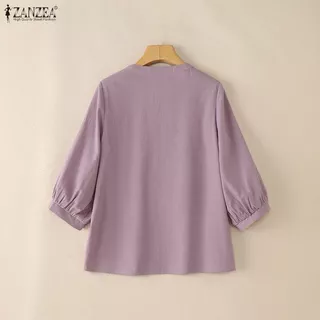 ZANZEA ผู้หญิงสไตล์เกาหลี เสื้อลายเรียบ คอสามส่วนแขนหลวม สไตล์แฟชั่นmodern