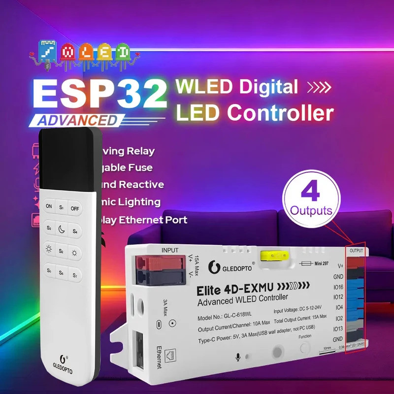 GLEDOPTO Elite ESP32 WLED Controller 4 เอาต์พุตรีเลย์ประหยัดพลังงานสําหรับ แอดเดรส RGBIC Digital LED Strip Light