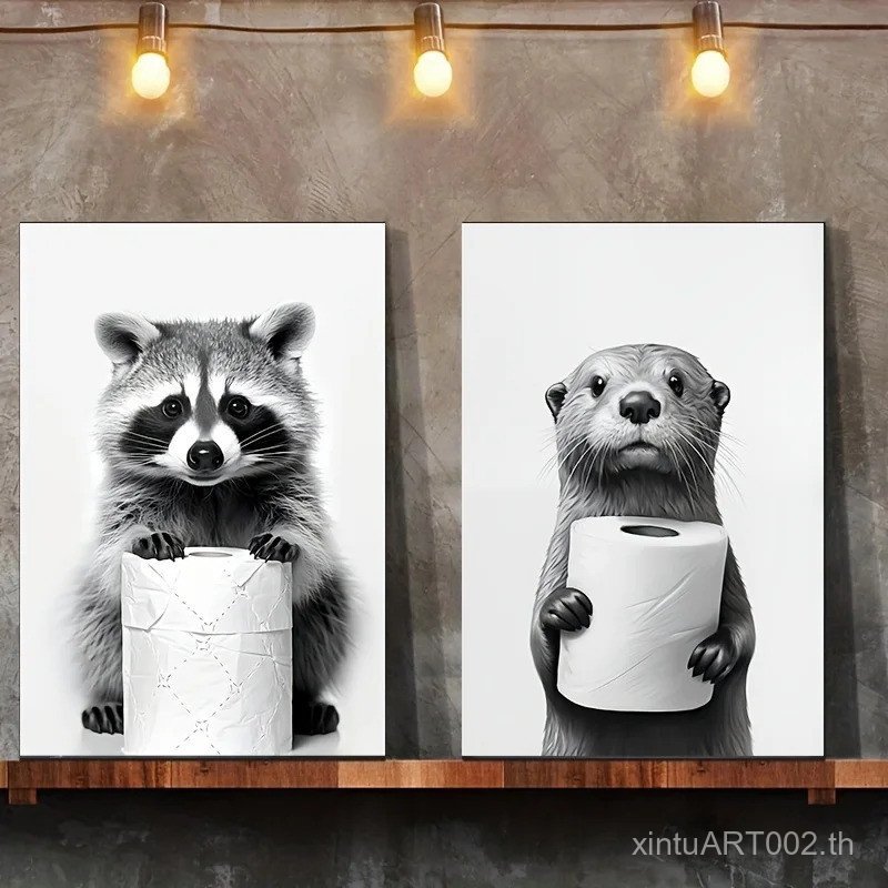 Charming Otter & Raccoon Duo - ชุดศิลปะผ้าใบสีดําและสีขาว 2 ชิ้น, ตกแต่งผนังสําหรับห้องนั่งเล่น, ห้อ