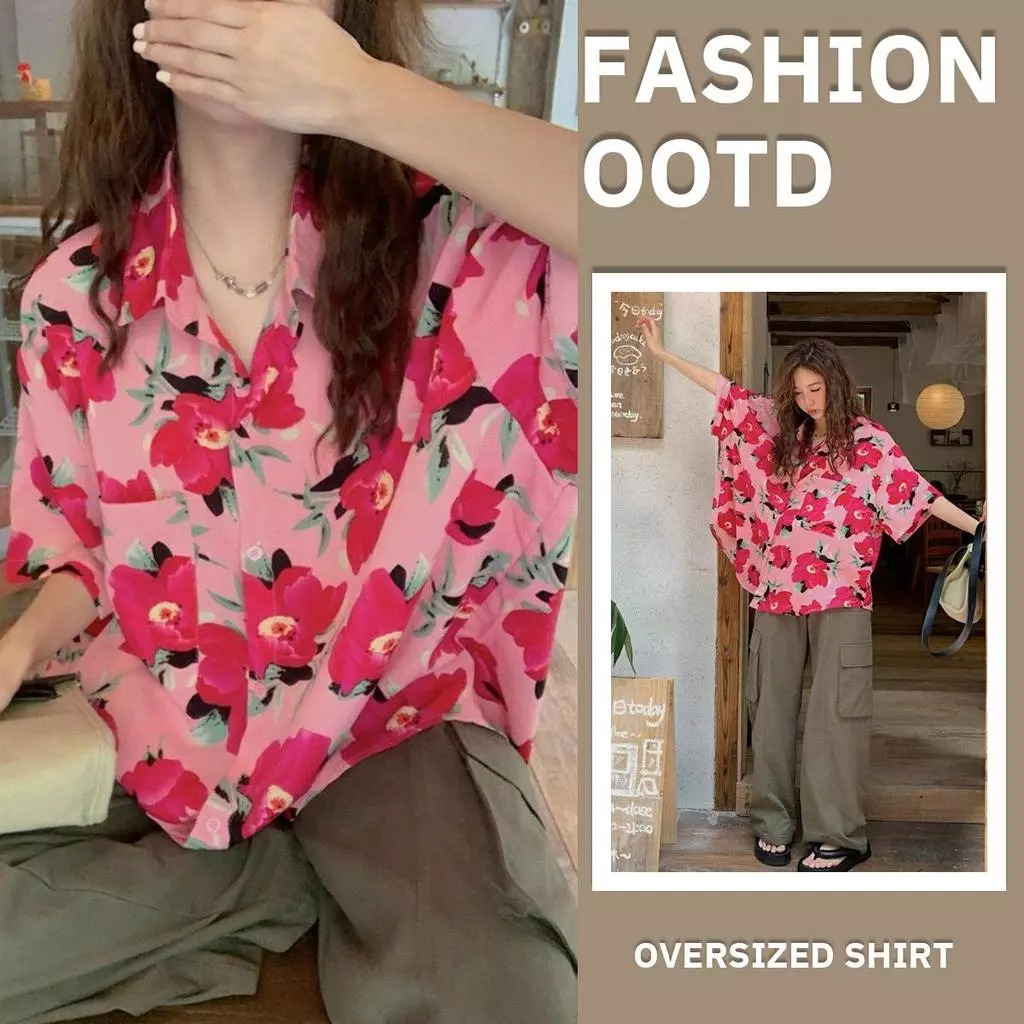 CHILI เสื้อโปโลแขนสั้นผู้หญิง ลายดอกไม้สไตล์ฮาวาย W369