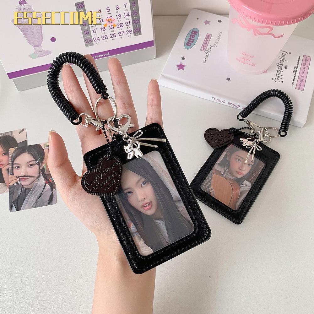 ที่ใส่บัตร ESSECCOME, พร้อมฝาครอบป้องกันภาพถ่ายหนัง PU เชือกเส้นเล็ก, กระเป๋าใส่บัตรคู่