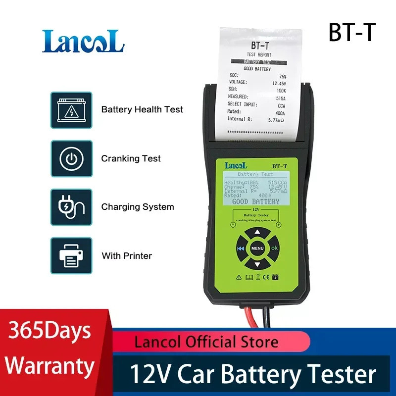 Lancol BT-T 12V เครื่องมือวินิจฉัยแบตเตอรี่อัตโนมัติสําหรับเครื่องทดสอบแบตเตอรี่ดิจิตอลพร้อมเครื่องพ