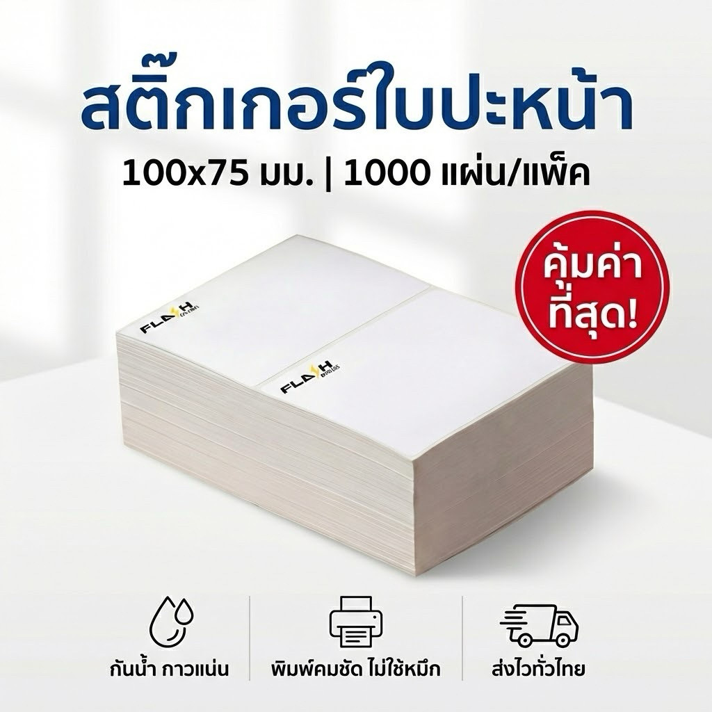 กระดาษลาเบล Flash Express แบบพับ 100x75 มม. | สติ๊กเกอร์พิมพ์ใบปะหน้า ระบบความร้อน | 1000 ใบ/แพ็ค