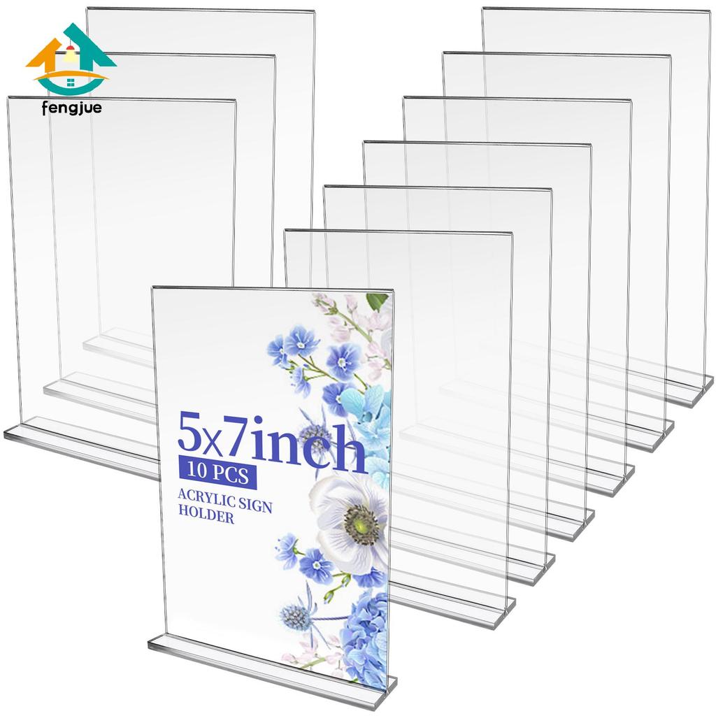 Fengjue GANGBARU 10 Pa 5 X 7 นิ้วผู้ถือป้ายอะคริลิคใสสองด้านแนวตั้งขาตั้งจอแสดงผล T รูปร่าง Flyer เม