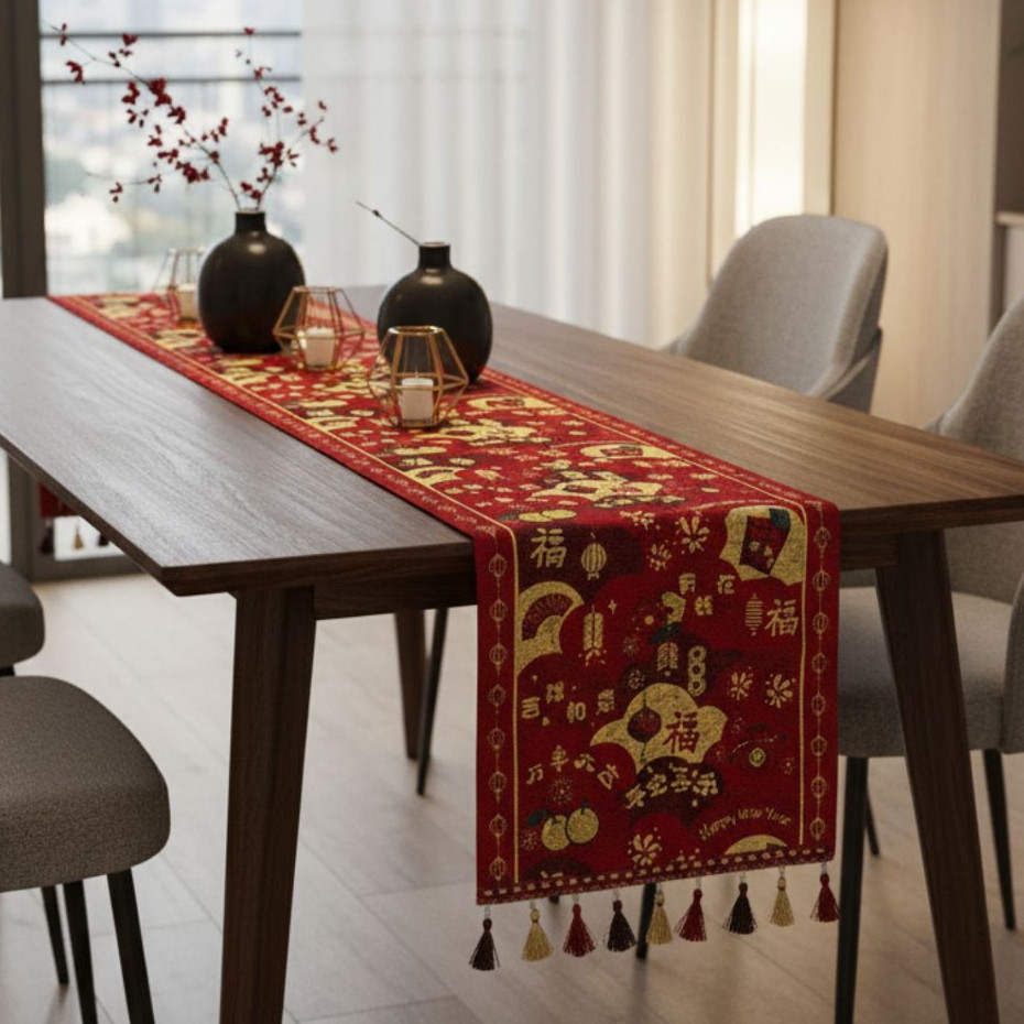ตาราง Runner Premium Luxury Imlek Red Gold Oriental Series ตรุษจีน CNY 180x35 และ 200x35 ซม. ความงาม