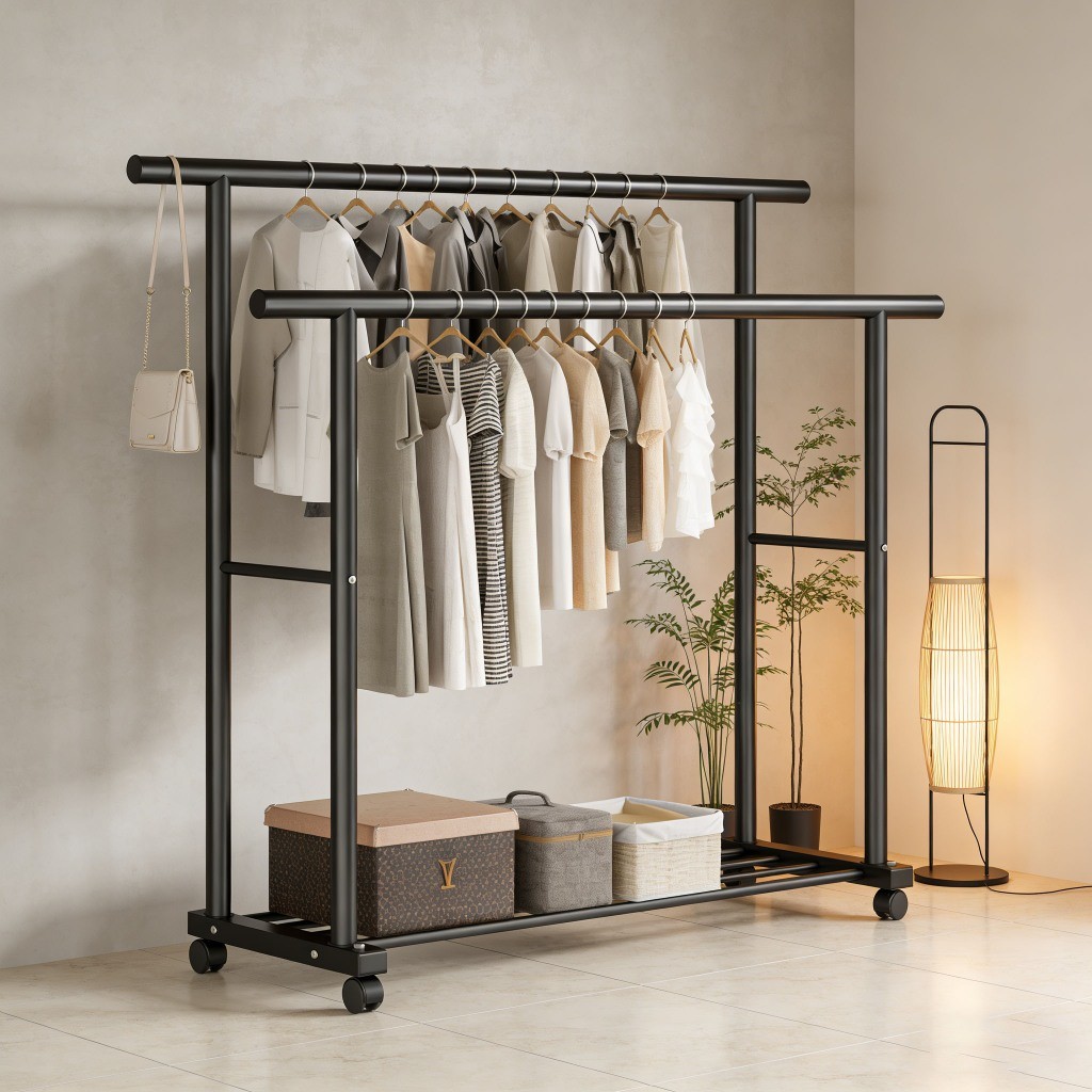 ราวตากผ้าในบ้าน 150/120/100cm แบบตั้งพื้น แบบคู่เสาหนา แข็งแรง ทนทาน พร้อมเชือกตากผ้า