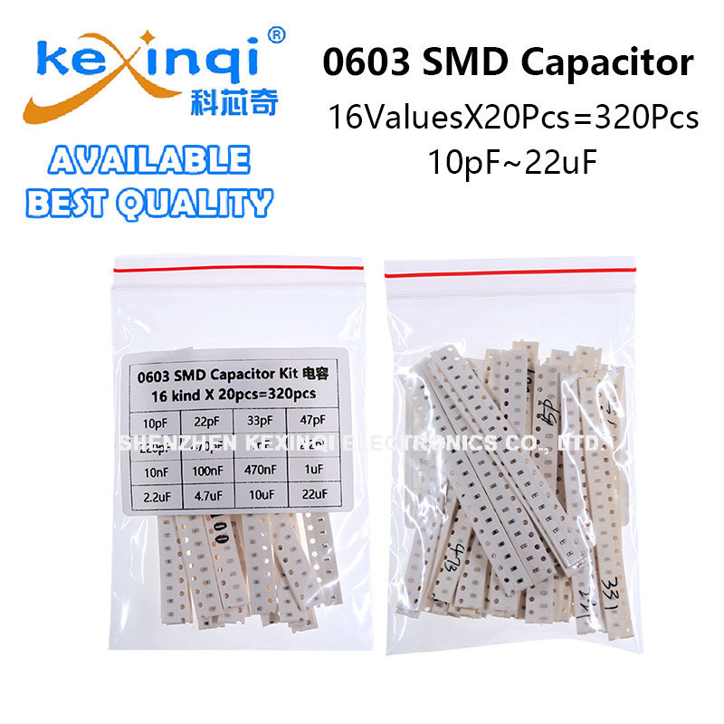 (320 ชิ้น) 0603 ตัวเก็บประจุ SMD ชุดสารพัน 16 ค่าX20PCS 10pF ~ 22uF 33pF 47pF 220pF 1nF 10nF 100nF 1uF 4.7uF 10uF