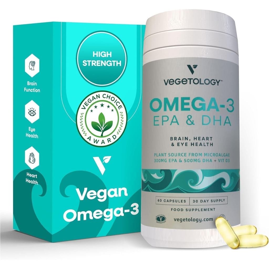 Vegetology Vegan Omega 3 plement (60 แคปซูล) – Omega-3, EPA, Vitamin D3 & DHA Pleals - Algae Omega 3