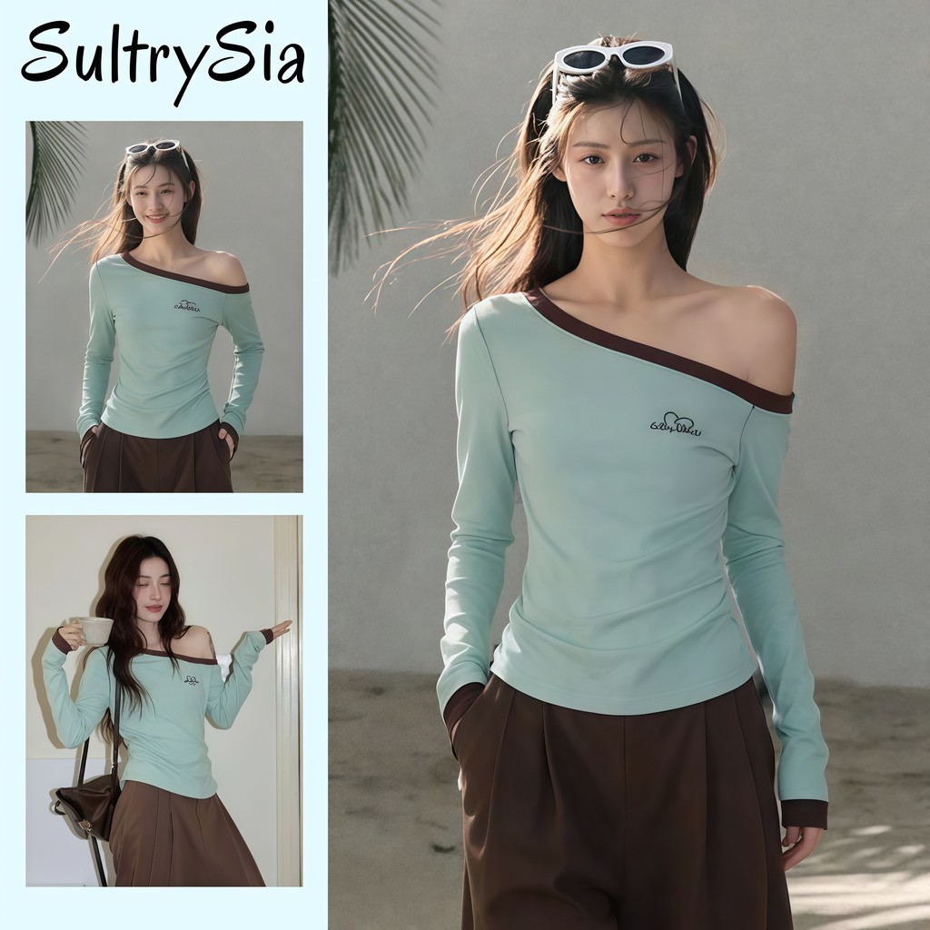 SultrySia เสื้อแขนยาวเปิดไหล่ผู้หญิง สีเขียวเรียบ เนื้อผ้านุ่ม ใส่สบายสำหรับลุคชิล "FY4484"