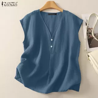 ZANZEA เสื้อลายอเนกประสงค์สำหรับผู้หญิง ออกแบบสไตล์เกาหลี แขนสั้น มีกระดุม V-neck ทำจากผ้าฝ้ายและลินิน เหมาะสำหรับวันหยุดและสวมใส่ในช่วงฤดูร้อน