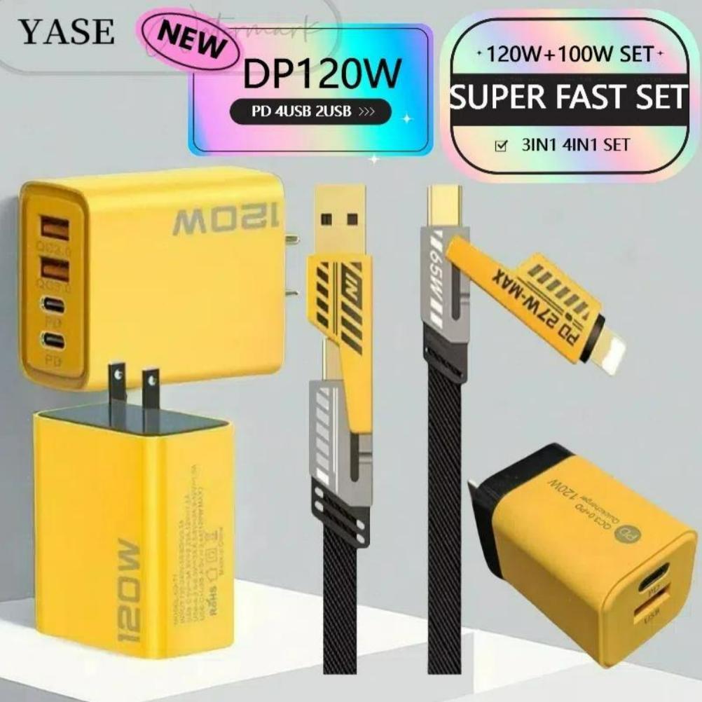 YAS 120W 65W 2USB Super Fast 4USB-A + USB-C 4 in 1 สังกะสีอัลลอยด์สายเคเบิลข้อมูล USB Adaptor PD65W 
