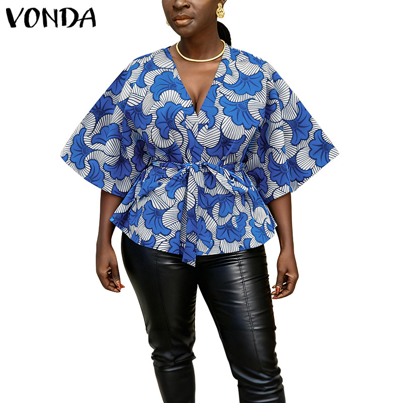 VONDA เสื้อผ้าผู้หญิงสไตล์วินเทจ คอ V ขนาด 3/4 สleeve พิมพ์ลายดอกไม้ แบบ A-line