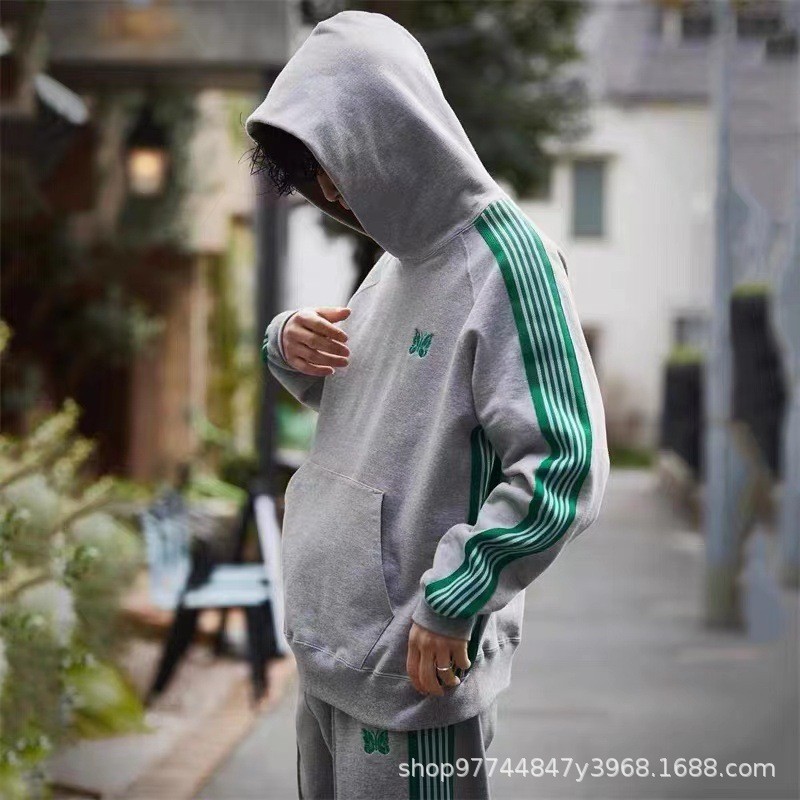 UK3P Needles track Joint Name STUDIOUS Limited Edition Green Embroidered Pullover Gray Hoodie Sweats