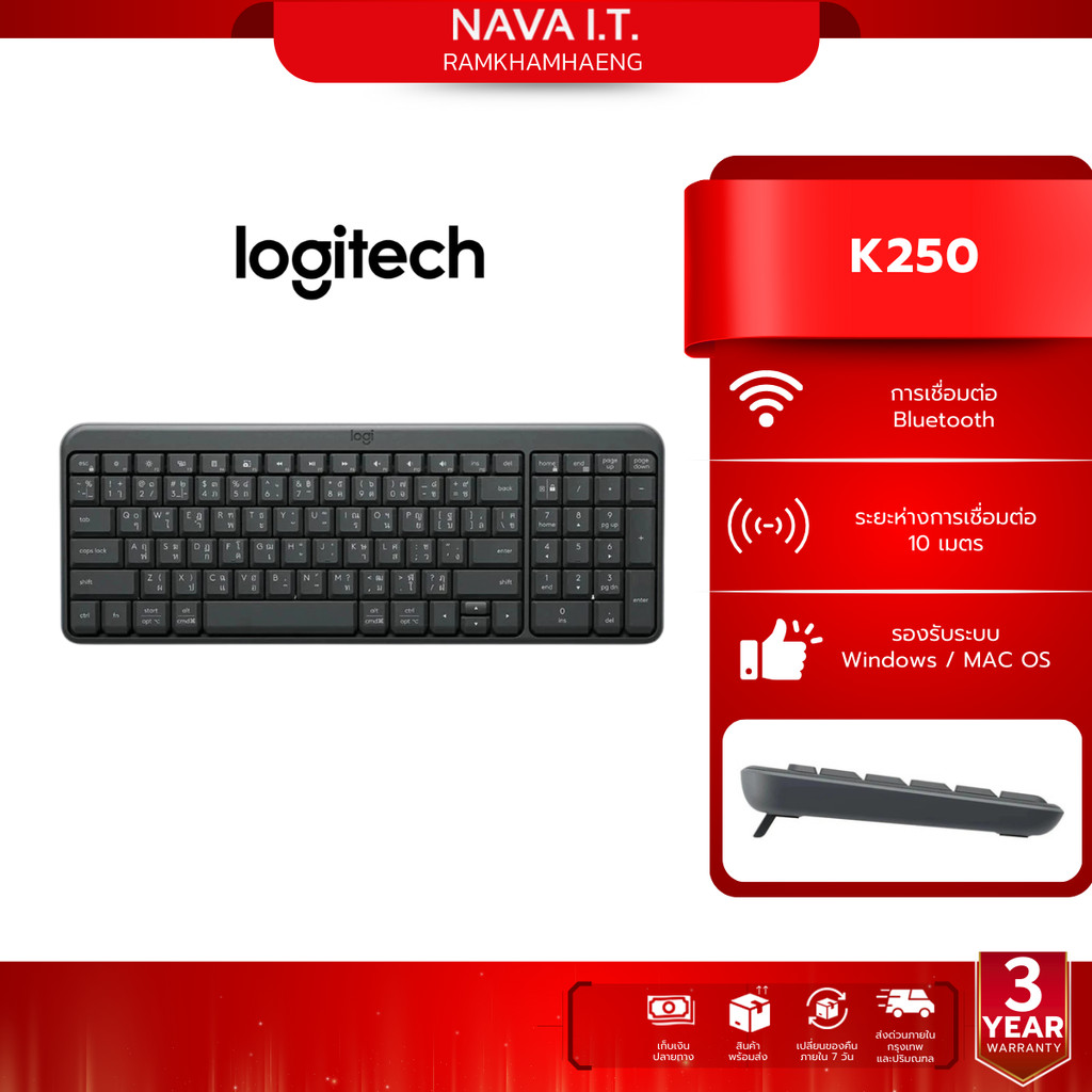 WIRELESS KEYBOARD (คีย์บอร์ดไร้สาย) LOGITECH K250 - GRAPHITE