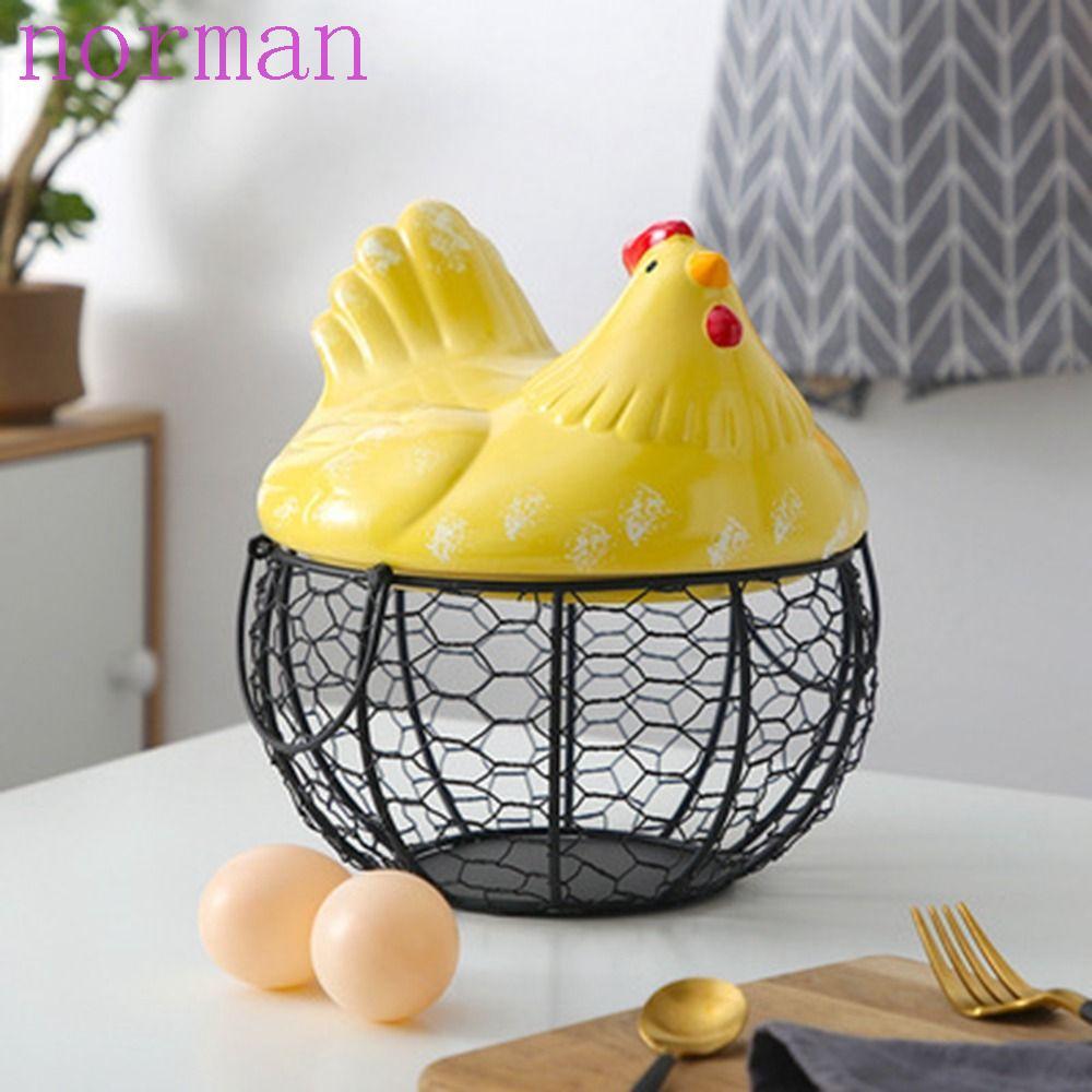 NORMAN ตะกร้าไข่ไก่พร้อมฝาปิด Wrought Iron Hollow Egg Container, Creative Cute Rustic Chicken Storag