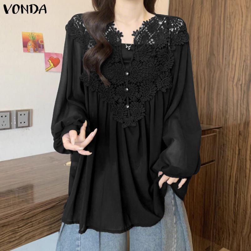 VONDA เสื้อลาย_patchwork_แขนลูกไม้ สไตล์เกาหลีอ่อนโยน สำหรับผู้หญิง — صورة 4