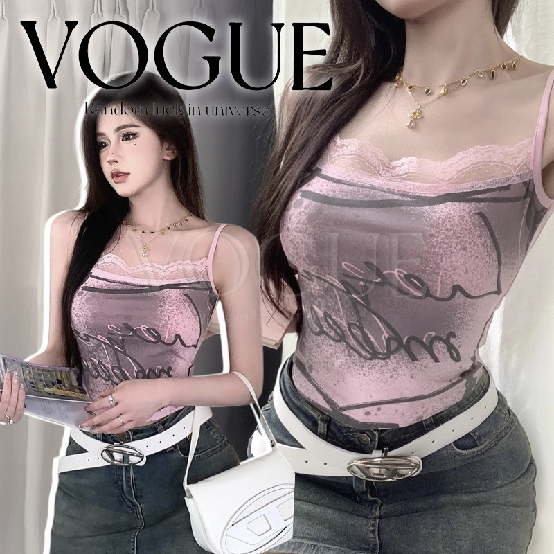 Vogue🌟พร้อมส่ง🌟 เสื้อสายเดี่ยว ขอบลูกไม้ ด้านบนเซ็กซี่ สลิมสั้น ต้อบรับฤดูร้อน (FY9096)