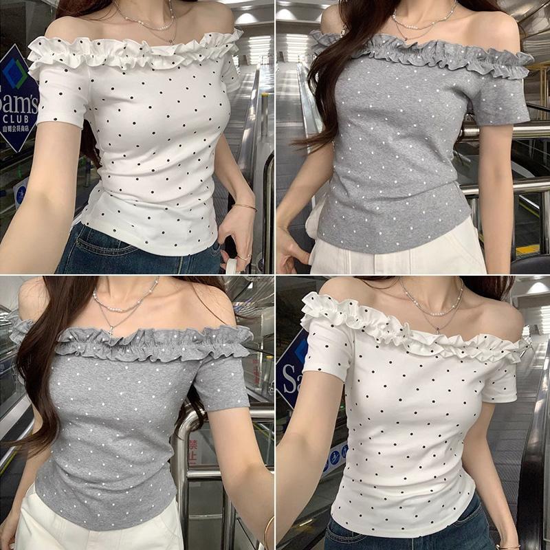 เสื้อยืดผู้หญิงเซ็กซี่ สีขาว แขนสั้น เปิดไหล่ข้างเดียว ทรงเข้ารูป สไตล์เกาหลีเรโทร
