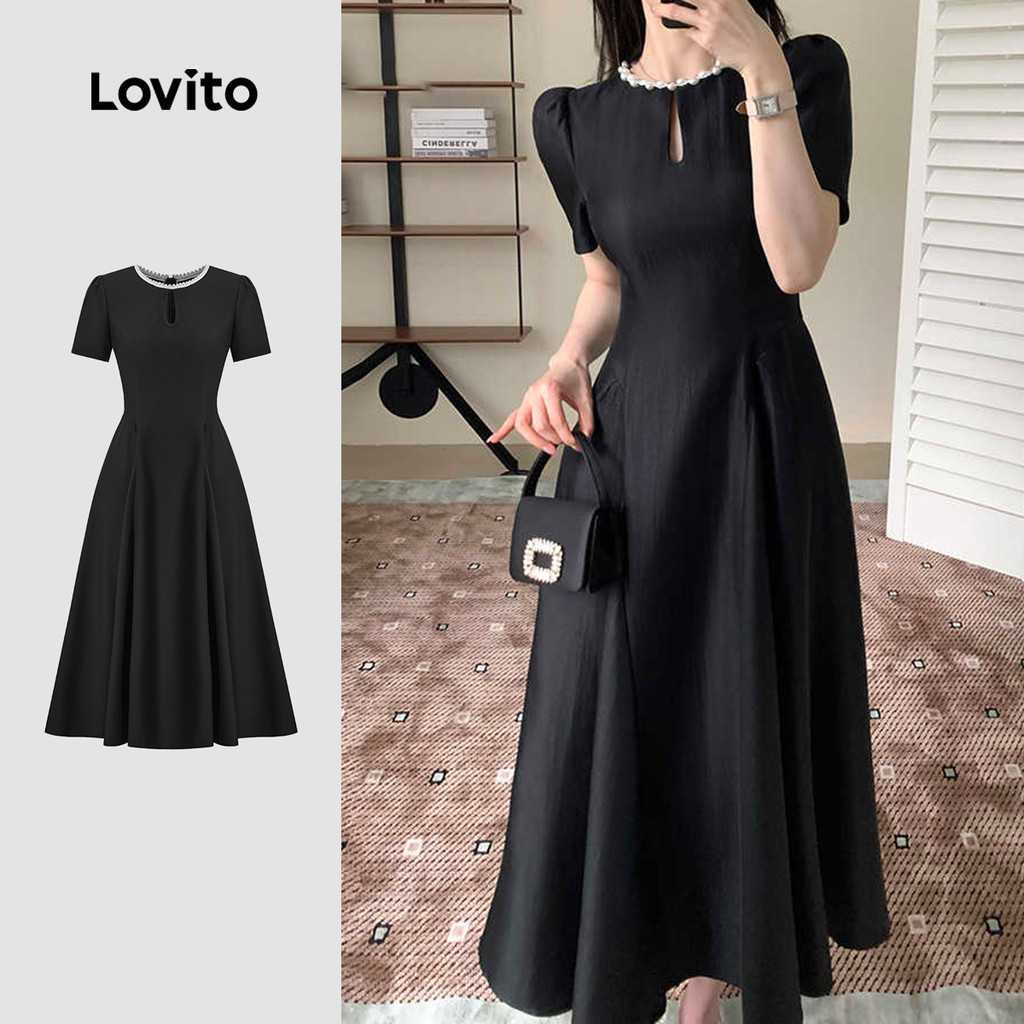 Lovito ชุดเดรสไข่มุกสีพื้นหรูหราสําหรับผู้หญิง L132ED117