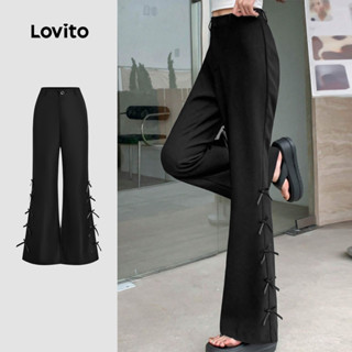 Lovito  กางเกงลําลองผู้หญิง กางเกงโบว์ลําลอง สีดําสําหรับใส่…