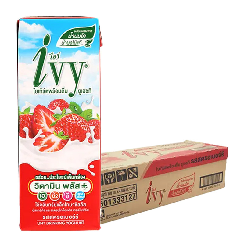 ไอวี่ นมเปรี้ยว รสสตรอเบอร์รี่ 180 มล. x 48 (IVY UHT Drinking Yoghurt Strawberry 180 ml x 48)