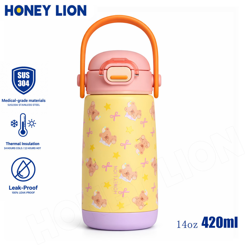 HoneyLion - ขวดน้ำเก็บอุณหภูมิเด็ก ปลอดภัย มีปุ่มระบายอากาศ ป้องกันร้อนลวก 410ml สแตนเลส 304 ไม่มี BPA กันรั่ว สำหรับโรงเรียน แคมป์ปิ้ง