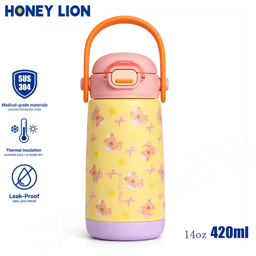 HoneyLion - ขวดน้ำเก็บอุณหภูมิเด็ก ปลอดภัย มีปุ่มระบายอากาศ ป้องกันร้อนลวก 410ml สแตนเลส 304 ไม่มี BPA กันรั่ว สำหรับโรงเรียน แคมป์ปิ้ง