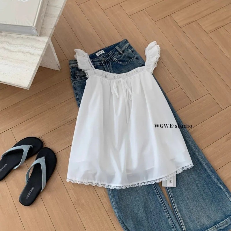 COCO-เสื้อกั๊กสำหรับสุภาพสตรี สีทึบ ปลอกคอสแควร์ ผูกขึ้น ประกบลูกไม้ หวาน น่ารัก แฟชั่นฤดูร้อน