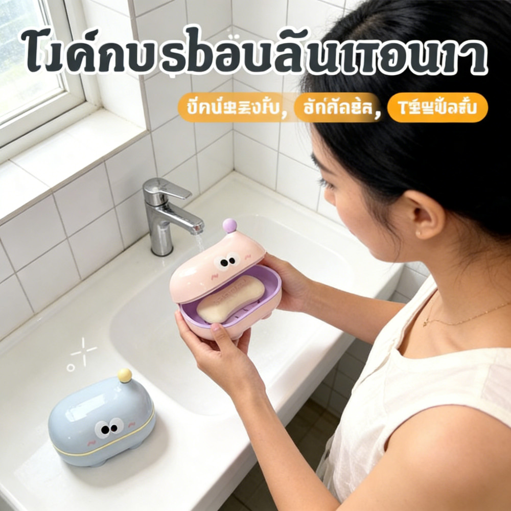 รักตัวตาโต สำหรับบ้าน ฝาใช้สำหรับสบู่ซักผ้า มีฟังก์ชันระบายน้ำ กล่องสบู่การ์ตูน กล่องสบู่เปิด-ปิด