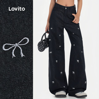 Lovito  กางเกงยีนส์ลําลองผู้หญิงโบว์สีฟ้าสบาย ๆ L179AD119