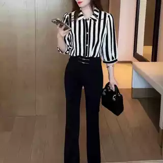 Black#เสื้อเชิ้ตลายทางแขนสามส่วน ทรงหลวม ระบายอากาศดี สไตล์เกาหลี ใหม่2026 รุ่นw709