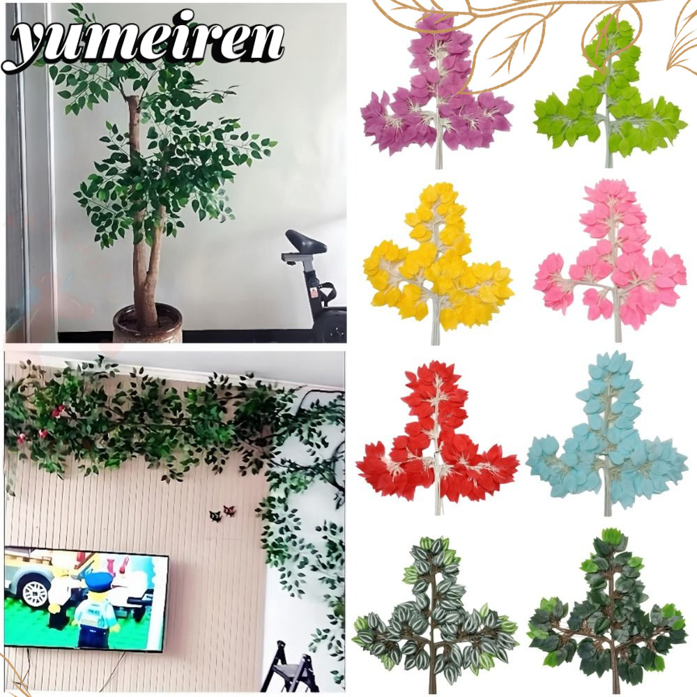 YUMEIREN 12PCS ประดิษฐ์ Banyan Leaves, หลากสีสมจริงจําลอง Ficus สาขา, Creative ผ้าไหมใบปลอม Banyan T