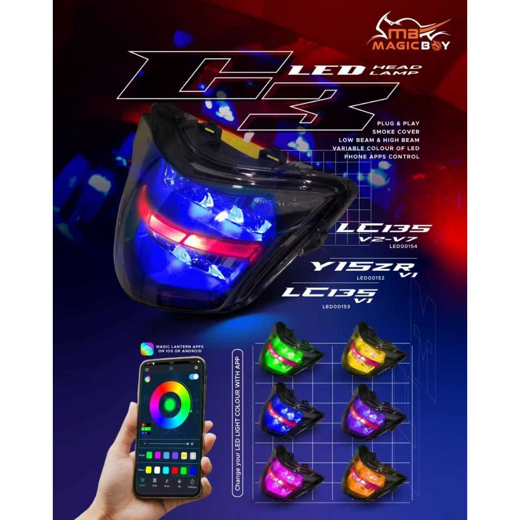 MAGICBOY HEADLAMP C3 LED MULTI COLOR SMOKE PNP LC135 V1 V2-V7 Y15V1 โทรศัพท์ APP ควบคุม