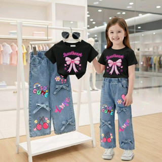 ชุดเซ็ทเด็ก เสื้อสกรีนลายสุดฮิต+กางเกงยีนส์แท้สกรีนลายแต่งโบ…