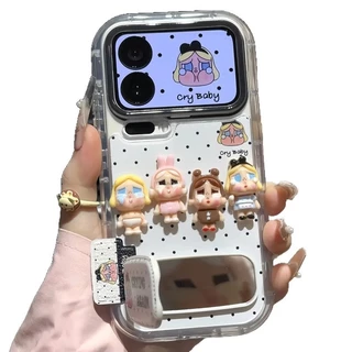 เคส TPU สําหรับเด็ก 3D ร้องไห้ | กันฝุ่นกันกระแทกพร้อมขาตั้งกระจกสําหรับ ไอโฟน 17 16 15 14 13 12 11 มือโปร โปรแม็กซ์ | เคสโทรศัพท์น่ารักความงามสําหรับเด็กผู้หญิง