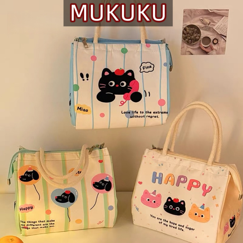 MUKUKU กล่องข้าว ถุงเบนโตะ ความจุขนาดใหญ่ พกพาสะดวก พร้อมที่จับ ใช้ซ้ำได้ การ์ตูนน่ารัก กันน้ำ