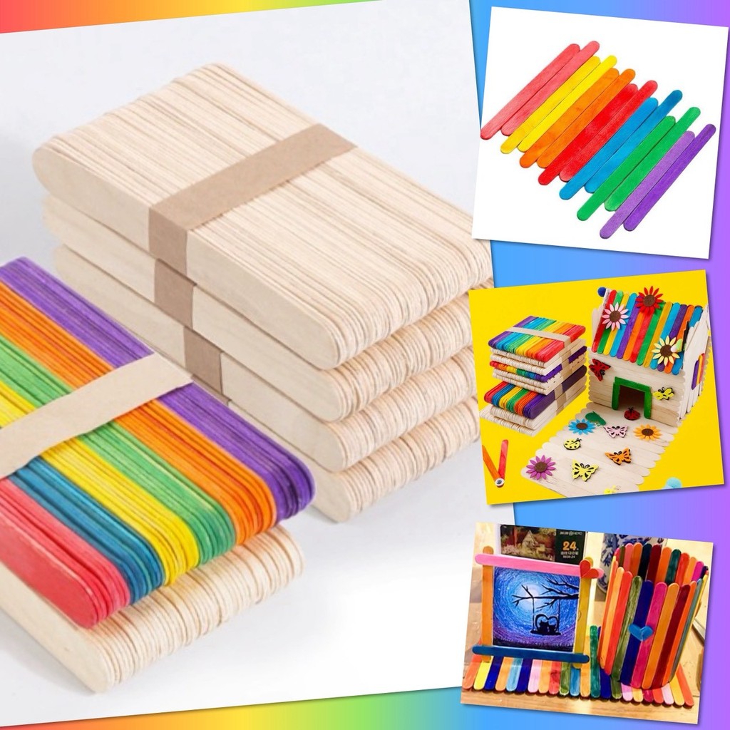 💥 ไม้ไอติม ไม้ไอศครีม ไม้ไอศกรีม สีรุ้ง สีไม้ ธรรมชาติ DIY (แพ็ค 50 ชิ้น) งานประดิษฐ์ งานฝีมือ ของเล่น 💥