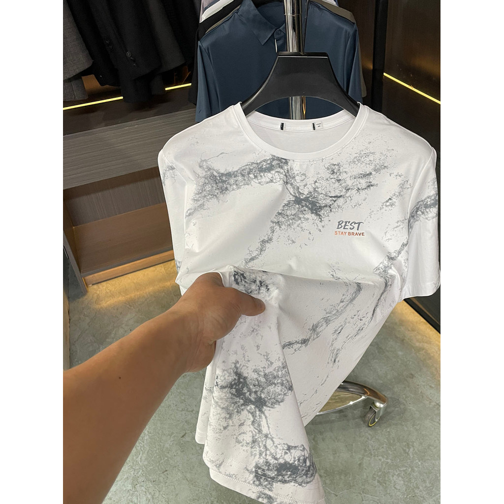 H Bid คงสั่งซื้อ!91% Mercerized Cotton + Spandex High Drape Silky ฤดูร้อนเสื้อยืดแขนสั้นผู้ชายรอบคอค