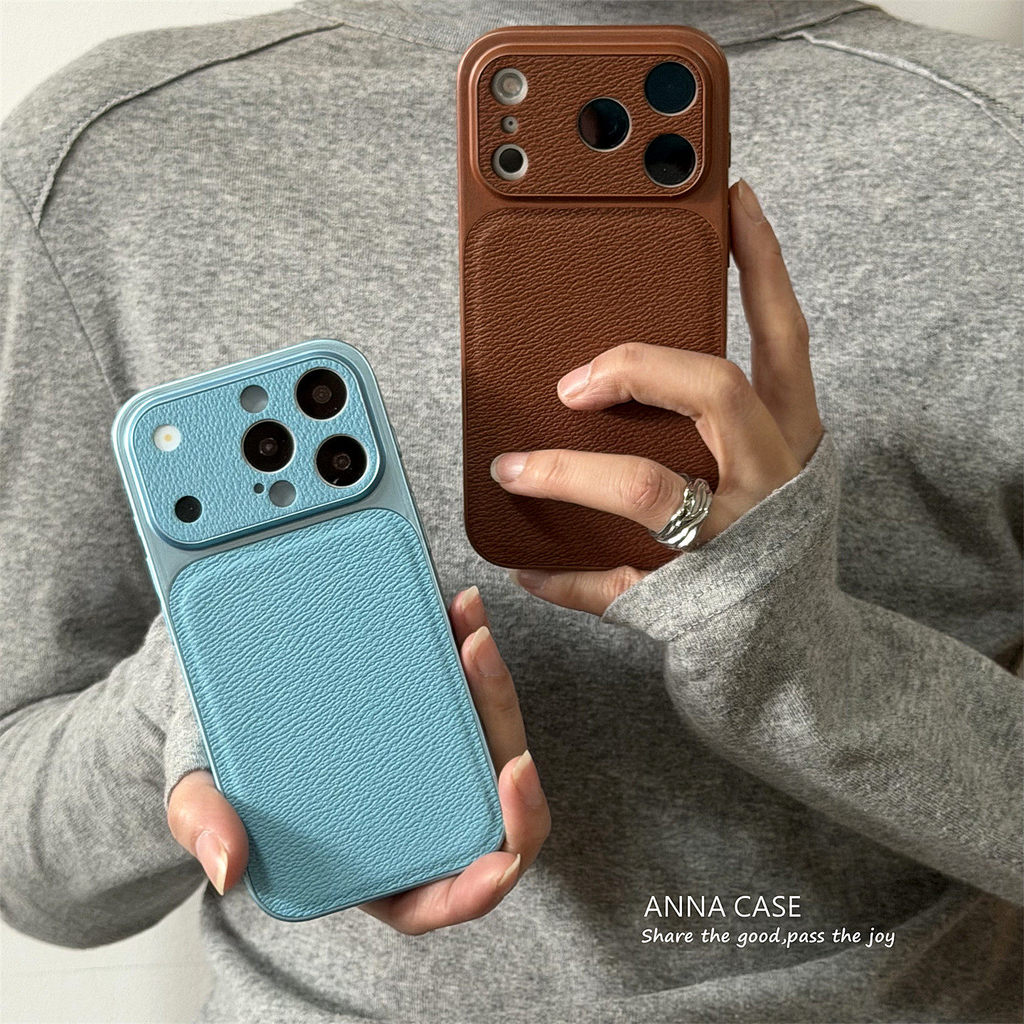 ฤดูใบไม้ผลิ Ins High-end Lake Blue Brown หนังเคสโทรศัพท์หน้าต่างขนาดใหญ่สําหรับ iPhone 17 Pro Max 16 15 13