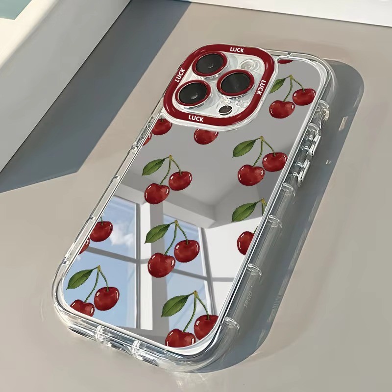 สีแดงเชอร์รี่โบว์นุ่มเคสโทรศัพท์สําหรับiPhone 17 16 15 14 13 12 11 18 Pro Max 7 8 Plus XR X XS Max 16Eหรูหรากระจกปกหลัง