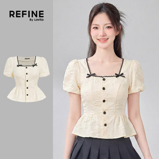 (Refine by Lovito) เสื้อเบลาส์ผู้หญิงแต่งขอบตัดกับโบว์และกระ…