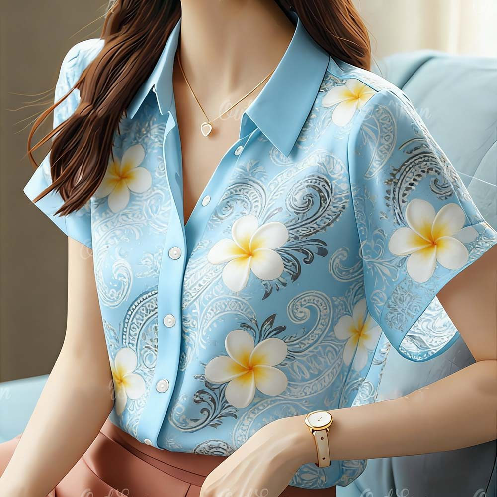 เสื้อเชิ้ตผู้หญิงสีฟ้าลายดอกเพสลีย์ ดีไซน์สวยงาม สวมใส่ง่าย