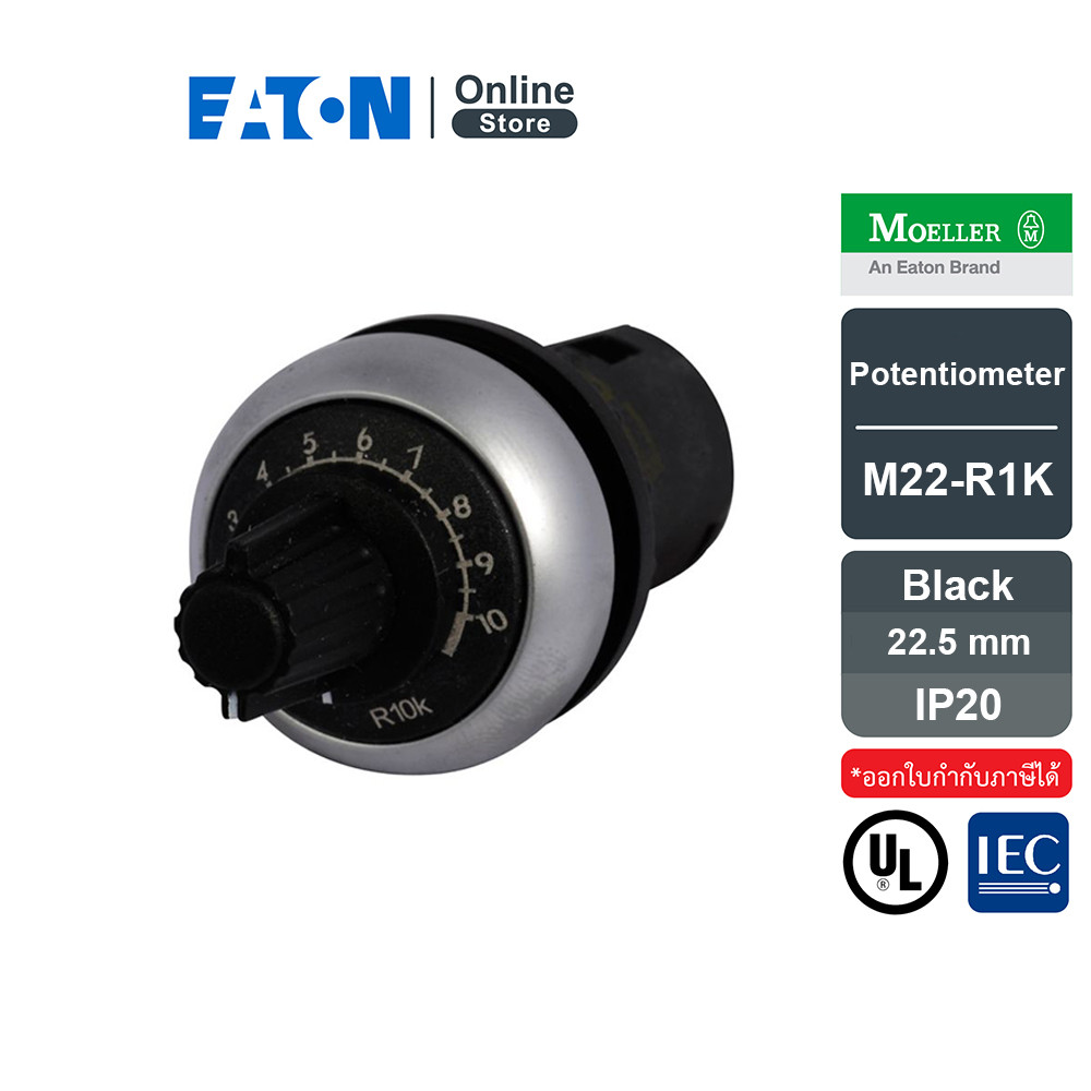 EATON M22 Potentiometer 22.5mm. Knob Bezel: Silver Black IP20 1Rk Resistance | M22-R1K | Eaton