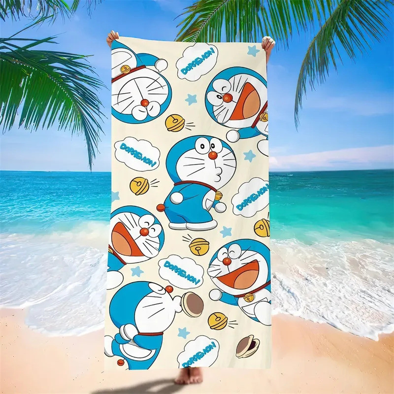 โดราเอมอนผ้าขนหนูชายหาดการ์ตูนน่ารักพิมพ์ผ้าขนหนูอาบน้ําไมโครไฟเบอร์หุ่นยนต์แมวว่ายน้ําแห้งเร็วสบายนุ่มผ้าขนหนูชายหาด