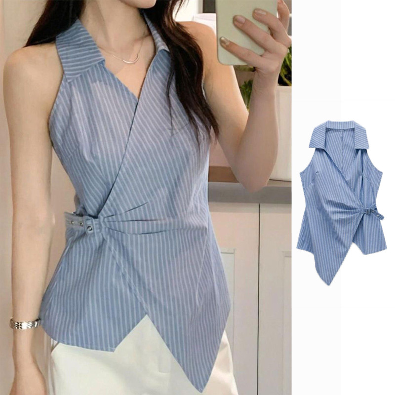 Dahong  99161  เสื้อเชิ้ตแขนกุดคอวีลายทางเกาหลีสำหรับผู้หญิงในช่วงฤดูร้อน เสื้อกล้ามผู้หญิงแฟชั่น