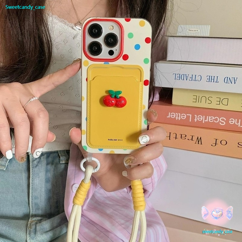 ส่งของเร็ว เคสสำหรับไอโฟน17 ลายจุดสีเหลือง เคสช่องใส่การ์ด สายข้อมือ For iPhone 16 11 12 13PROMAX 14 15PLUS 7/8 SE2 XSXR
