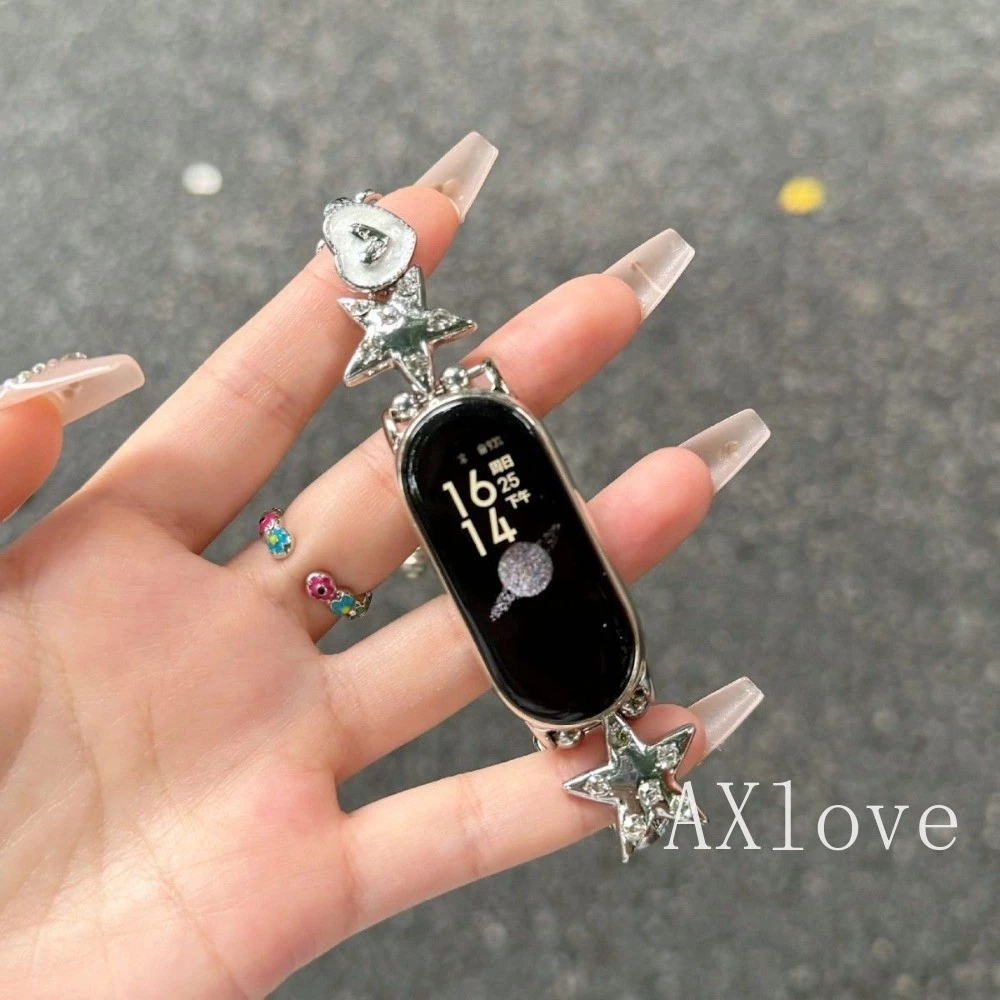 สายรัดสําหรับ เสี่ยวหมี่ ไมล์ วงดนตรี 10 9 8 7 6 5 4 3 สร้อยข้อมือสําหรับ ไมล์band 8 9 10 มือโปร แฟชั่นโลหะหัวใจ ดาว โซ่สายรัดข้อมือ